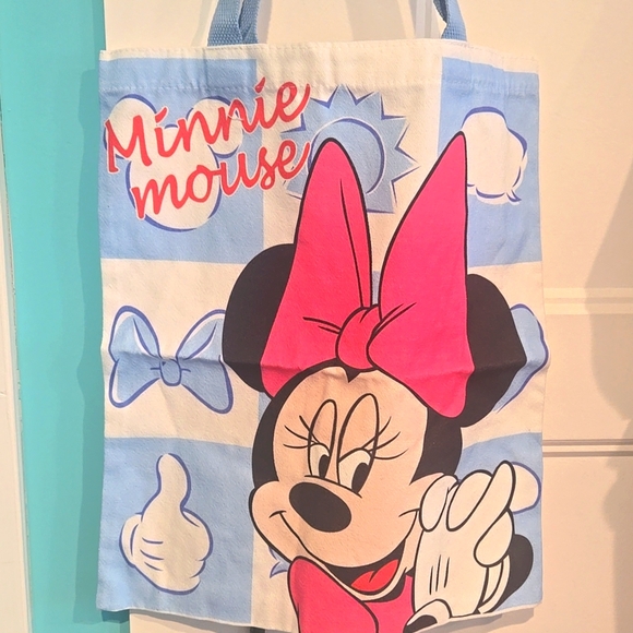 Minnie Mouse Blue White Tote Bow Sun Cloud Thumbs Up Checkered Pattern NWOT New - Picture 1 of 5